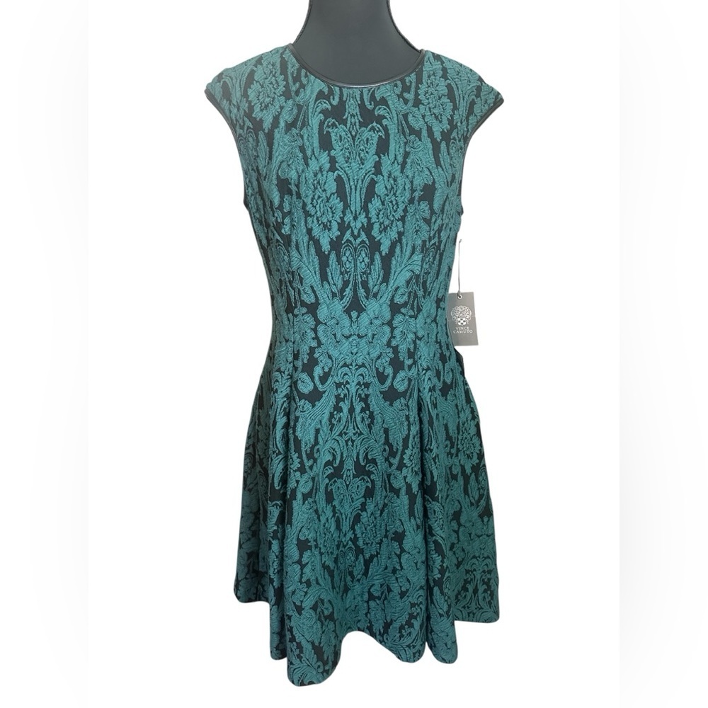 NWT Vince Camuto Green and Black Soft Jacquard Patterned Midi Dress Size 6